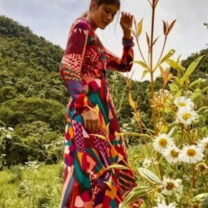 FARM RIO Abstract Patches Long Sleeve Maxi Dress in Red Vacation XS $200